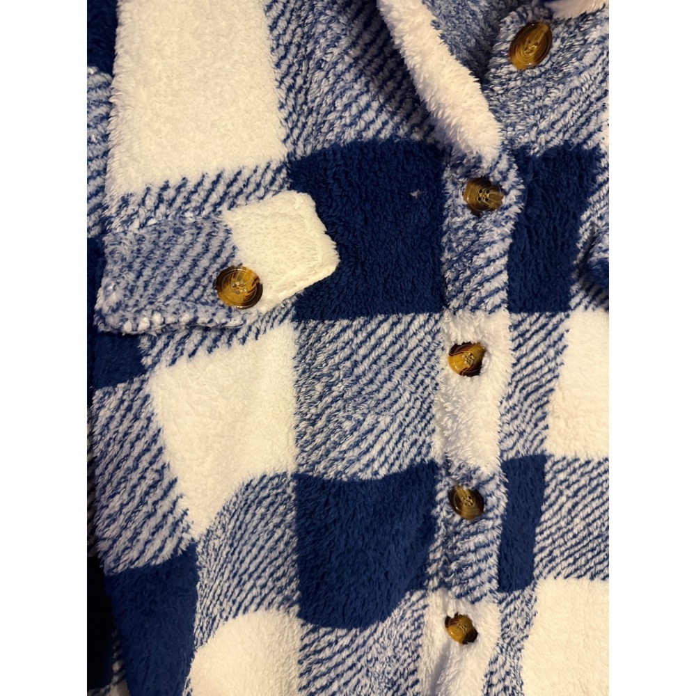 Womens Plaid Sherpa Fleece Shacket Jacket Oversized Blue White XL - Picture 3 of 7